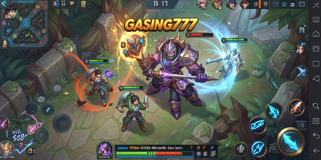 Screenshot GASING777 menunjukkan pertempuran seru antara karakter di arena MOBA.