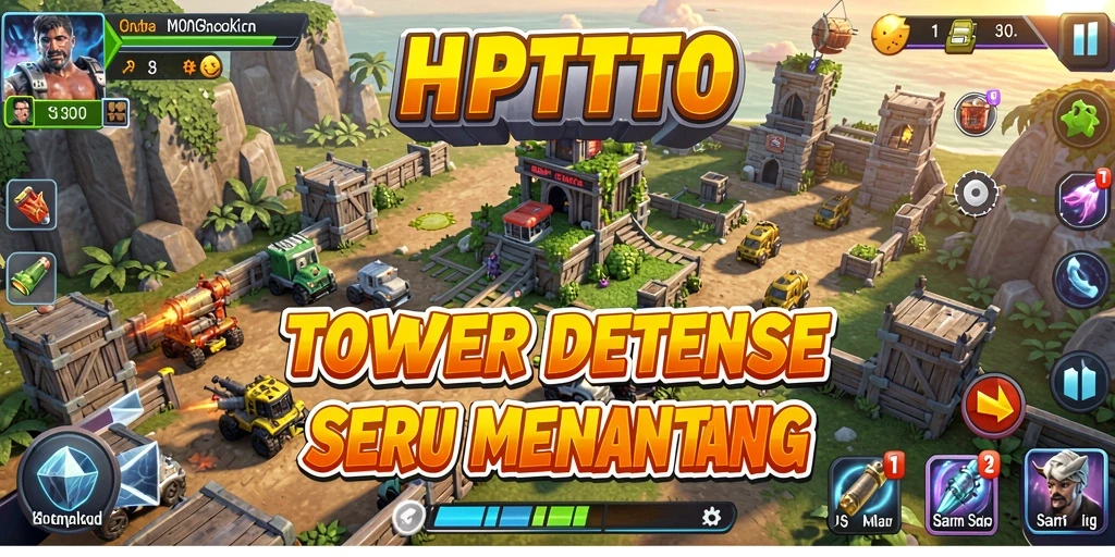 Tampilan gameplay HPTOTO dengan menara pertahanan dan serangan musuh.