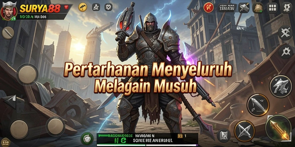 Gameplay <strong>SURYA88</strong> yang intens dalam pertahanan menara melawan musuh.